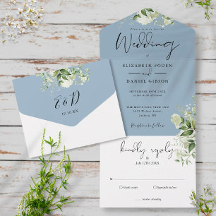 Invitation Tout En Un Elégant Botanique Verdure Dusty Blue Mariage