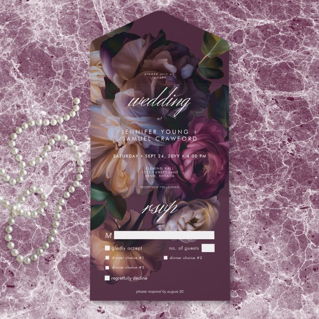 Invitation Tout En Un Elegant Burgundy Moody Floral Wedding Dinner (Elegant Burgundy Moody Floral Wedding Dinner All In One Invitation)
