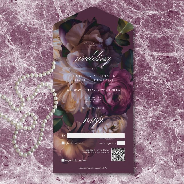 Invitation Tout En Un Elegant Burgundy Moody Floral Wedding QR Code (Créateur téléchargé)