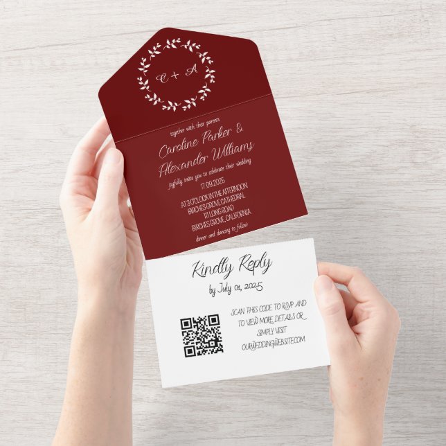 Invitation Tout En Un Élégant Burgundy Script moderne RSVP QR Code (Déchirure)