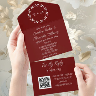 Invitation Tout En Un Élégant Burgundy Script moderne RSVP QR Code