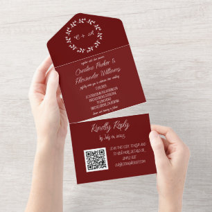 Invitation Tout En Un Élégant Burgundy Script moderne RSVP QR Code