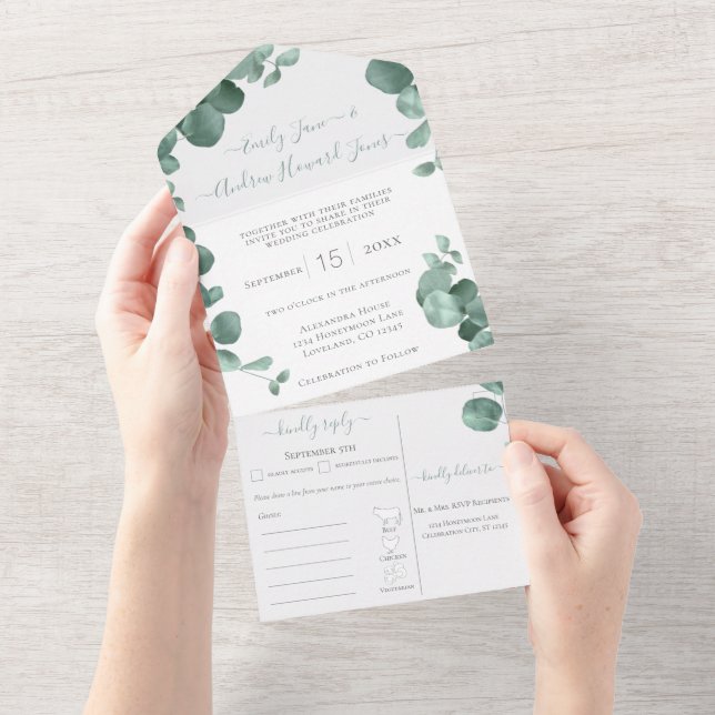 Invitation Tout En Un Elégant cadre or Eucalyptus Menu Choice Mariage (Déchirure)