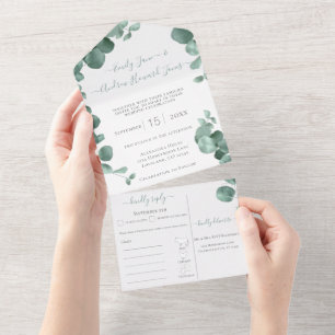 Invitation Tout En Un Elégant cadre or Eucalyptus Menu Choice Mariage