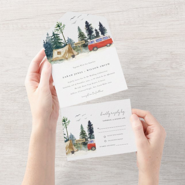 Invitation Tout En Un Élégant Camping Aquarelle Pine Mariage (Déchirure)