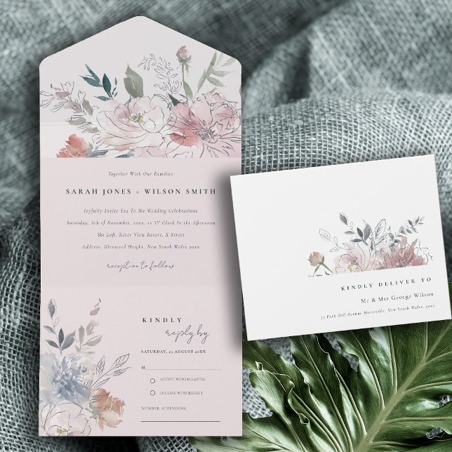 Invitation Tout En Un Elégant Chic Blush Aquarelle Floral Mariage (Créateur téléchargé)