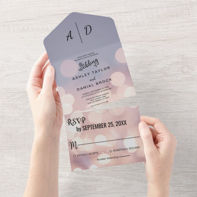 Invitation Tout En Un Élégant chic bokeh lumières classe Mariage All In  (Déchirure)