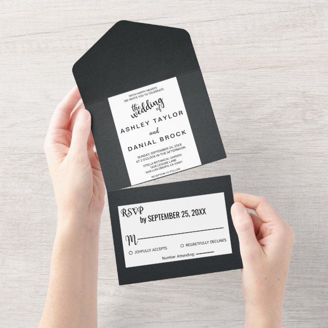 Invitation Tout En Un Elégant chic noir et blanc rustique fantaisie (Déchirure)