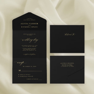 Invitation Tout En Un Élégant chic or calligraphie noir mariage