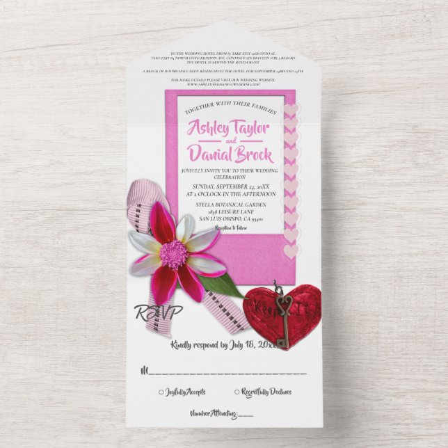 Invitation Tout En Un Élégant Chic Rose Flourdissant Romantique Mariage  (À l'intérieur)