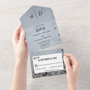 Invitation Tout En Un Elégant chic rustique gris étoiles lumières Mariag
