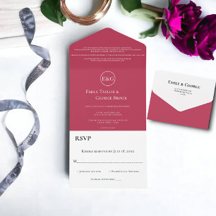 Invitation Tout En Un Élégant classique Magenta Monogramme Mariage moder