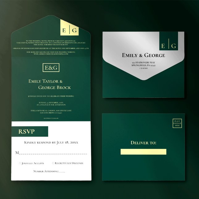 Invitation Tout En Un Élégant Classy Green Gold Monogramme Mariage moder (Créateur téléchargé)