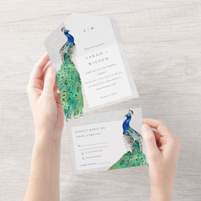 Invitation Tout En Un Elégant Classy Ornate Aquarelle Peacock Mariage (Déchirure)
