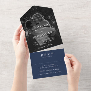 Invitation Tout En Un Elegant Classy Photo Marine Blue RSVP Mariage