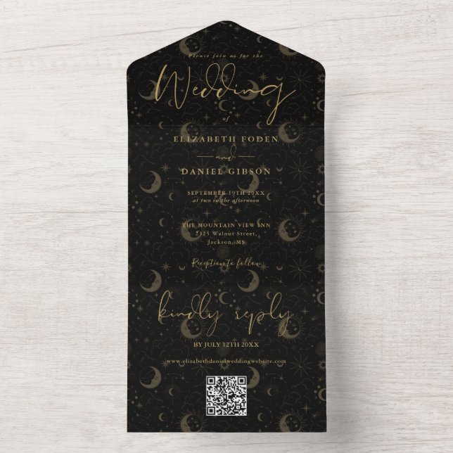 Invitation Tout En Un Élégant Code QR Céleste Noir et Or pour Mariage (À l'intérieur)