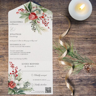 Invitation Tout En Un Elégant Code QR Fleurs d'hiver, Berries et Pins