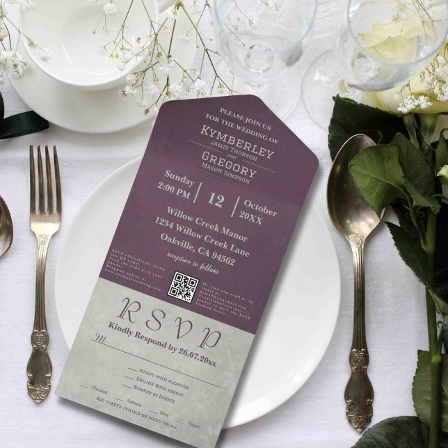 Invitation Tout En Un Élégant Code QR gris Sage Eggplant Automne (Créateur téléchargé)