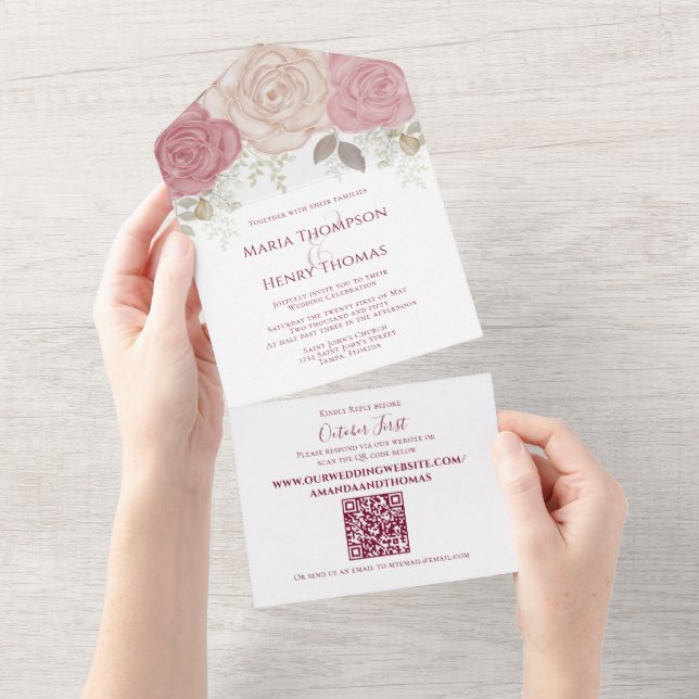 Invitation Tout En Un Elégant code QR Rose d'aquarelle bordeaux (Déchirure)