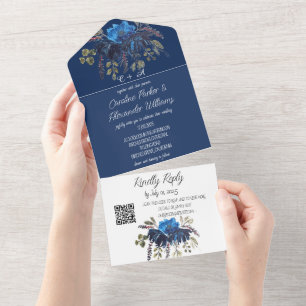 Invitation Tout En Un Élégant Code QR RSVP Bleu Royal Marine Floral Mode