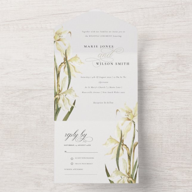 Invitation Tout En Un Élégant Cute White Daffodil Mariage floral (À l'intérieur)