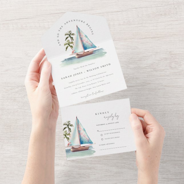 Invitation Tout En Un Elégant Dusky Turquoise Sailboat Palm Mariage mari (Déchirure)