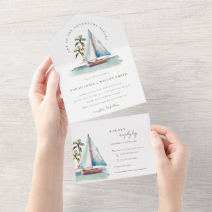 Invitation Tout En Un Elégant Dusky Turquoise Sailboat Palm Mariage mari