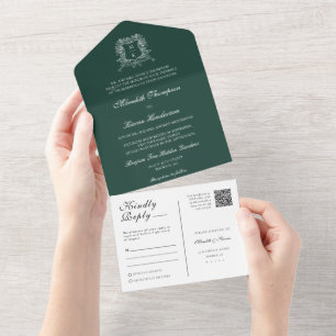 Invitation Tout En Un Élégant Emerald Green Black Vintage Crest QR Code
