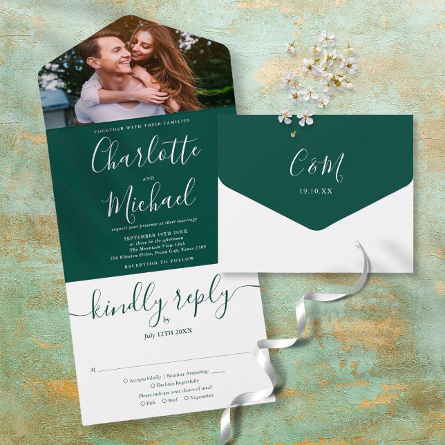Invitation Tout En Un Élégant Emerald Green Script Mariage photo (Créateur téléchargé)