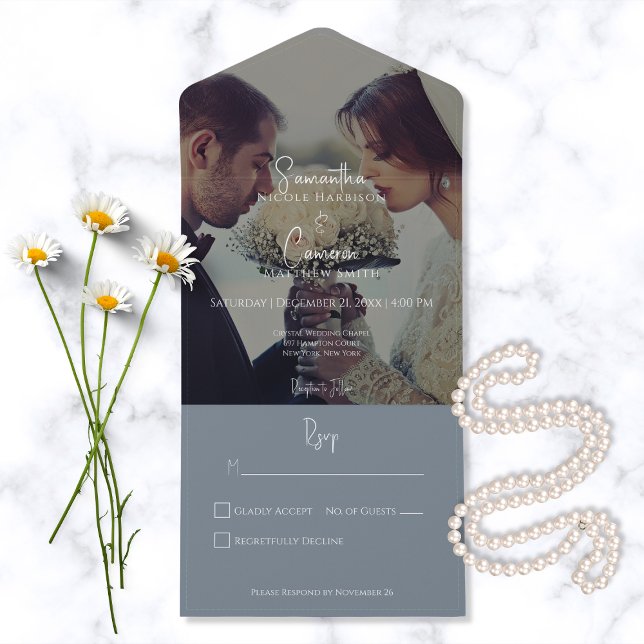 Invitation Tout En Un Elégant et moderne bleu Dusty Photo No Dinner (Créateur téléchargé)