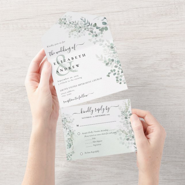 Invitation Tout En Un Elégant Eucalyptus Botanique Sage QR Code Mariage (Déchirure)