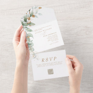 Invitation Tout En Un Élégant Eucalyptus Glam QR Code Mariage