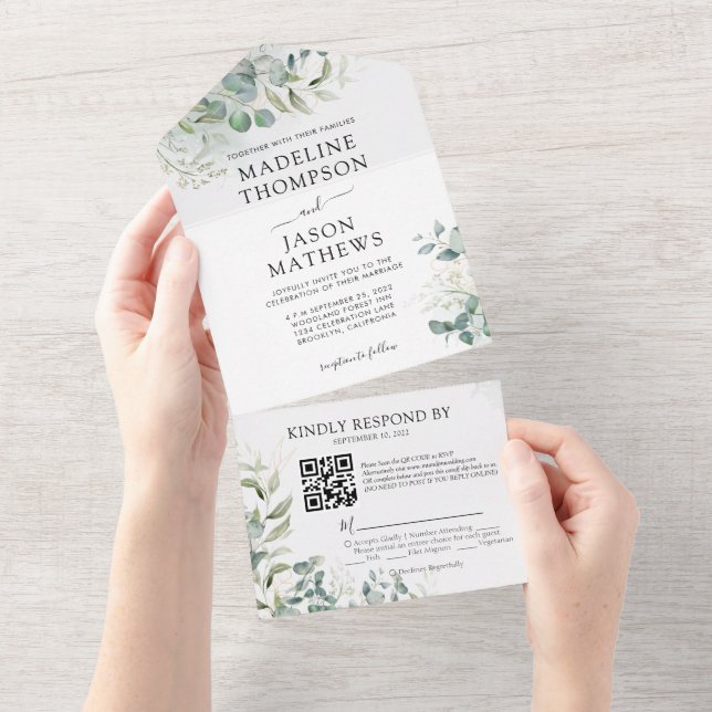 Invitation Tout En Un Elégant Eucalyptus Gold Greenery QR Code Mariage (Déchirure)