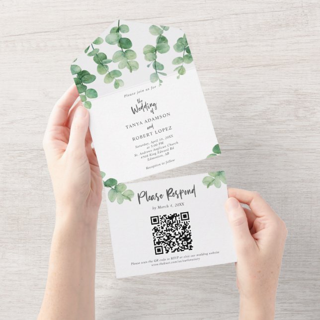 Invitation Tout En Un Elégant Eucalyptus Mariage Code QR botanique (Déchirure)