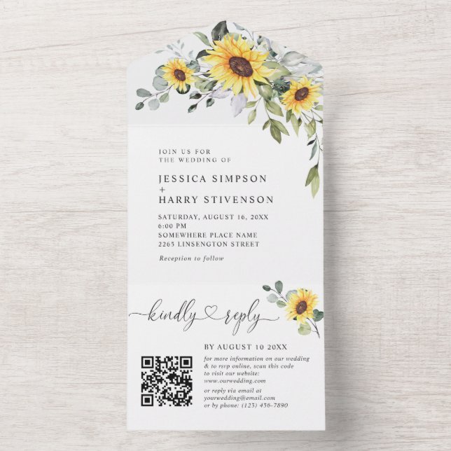 Invitation Tout En Un Elégant Eucalyptus Sunflowers Mariage code QR (À l'intérieur)