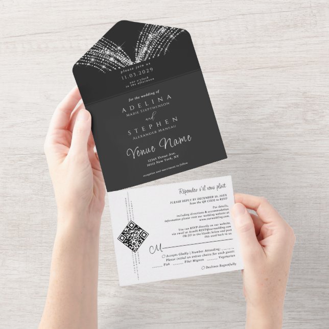 Invitation Tout En Un Élégant Fairy Lights Black & White QR Code Mariage (Déchirure)