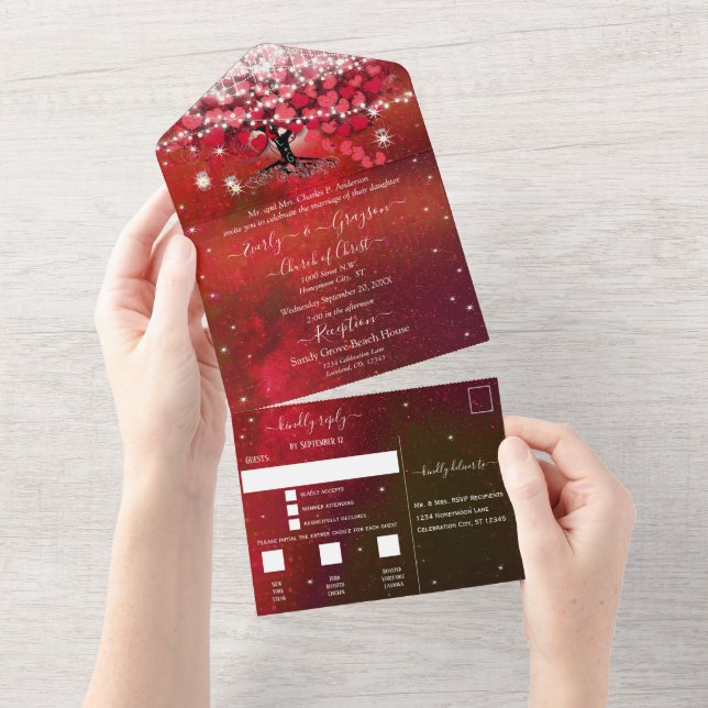 Invitation Tout En Un Élégant Fairy Lights Red Heart Leaf Tree Mariage (Déchirure)