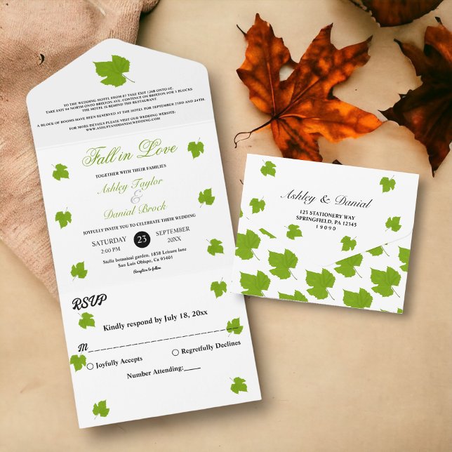 Invitation Tout En Un Élégant Feuilles de automne vert Automne Mariage f (Créateur téléchargé)