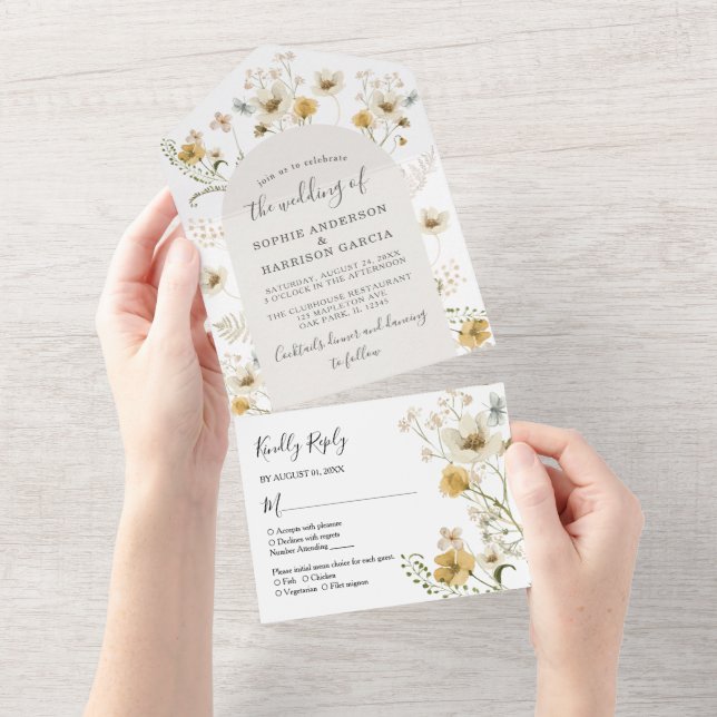 Invitation Tout En Un Elégant Fleur sauvage Aquarelle Floral Boho Mariag (Déchirure)
