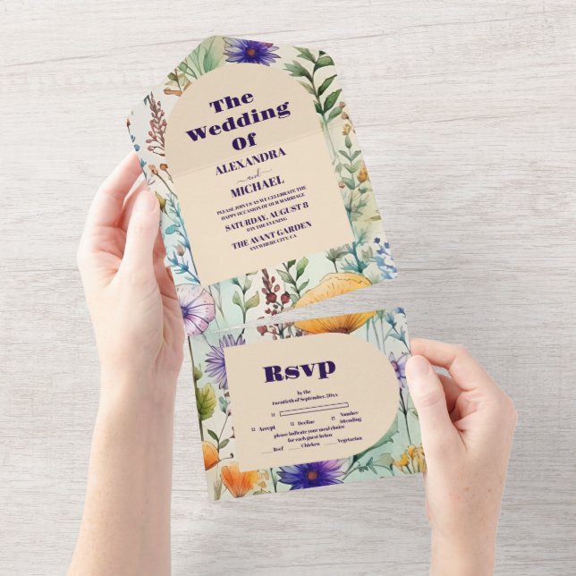 Invitation Tout En Un Elégant Fleur sauvage d'aquarelle Mariage (Déchirure)