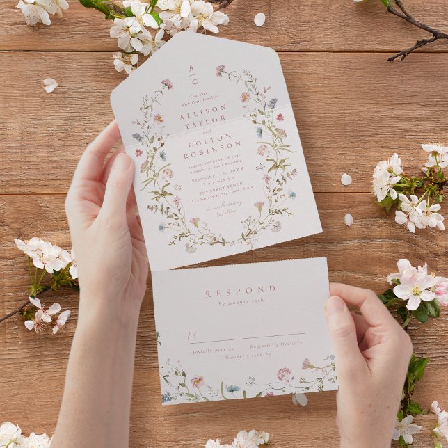 Invitation Tout En Un Élégant Fleur sauvage Rustic Boho Mariage monogram (Elegant Wildflower Rustic Boho Wedding monogram All In One Invitation)