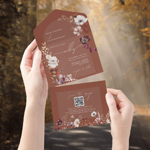 Invitation Tout En Un Élégant fleurs rouille Terracotta Mariage QR RSVP
