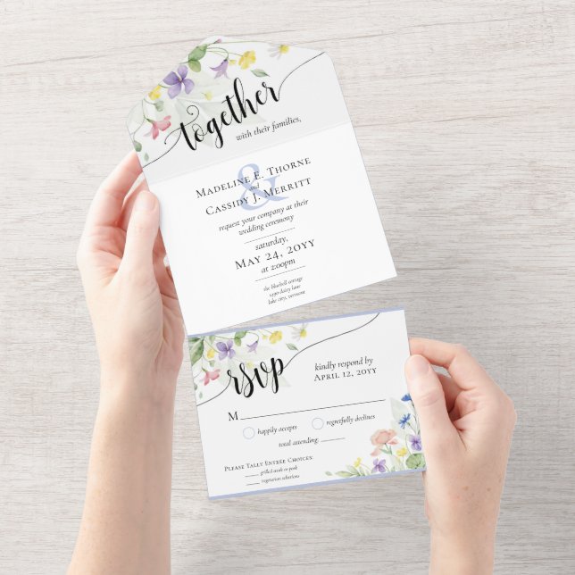 Invitation Tout En Un Elégant Fleurs sauvages d'aquarelle Boho Mariage F (Déchirure)