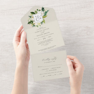 Invitation Tout En Un Élégant floral blanc   Mariage Monogramme Champagn