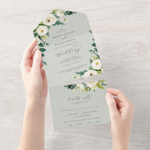 Invitation Tout En Un Élégant floral blanc   Mariage Sage Mint