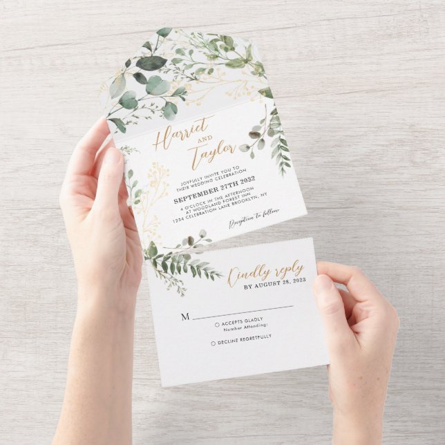 Invitation Tout En Un Elegant Gold Greenery Eucalyptus Monogram Wedding (Déchirure)