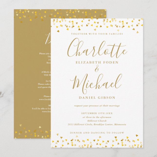 Invitation Tout en un élégant Gold Hearts Confetti Mariage (Devant / Derrière)