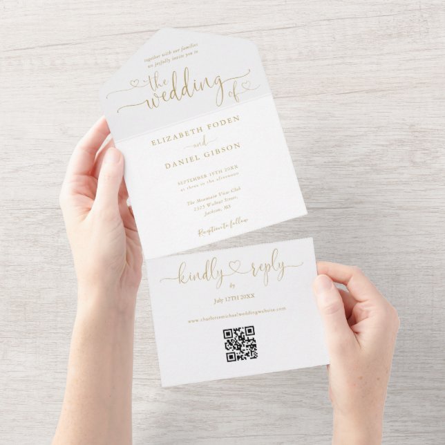 Invitation Tout En Un Élégant Gold Hearts Script QR Code Mariage (Déchirure)