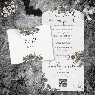 Invitation Tout En Un Élégant gothique Floral Rose QR Code Mariage