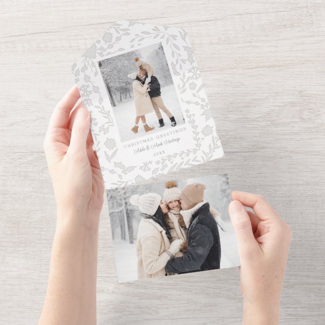 Invitation Tout En Un Élégant hiver botanique moderne photo-argent (Déchirure)